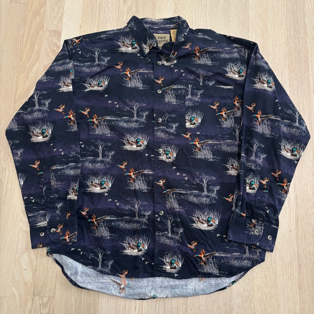 Field Tested Button Down Shirt Mens L Navy Duck Print Excellent Hunting Top